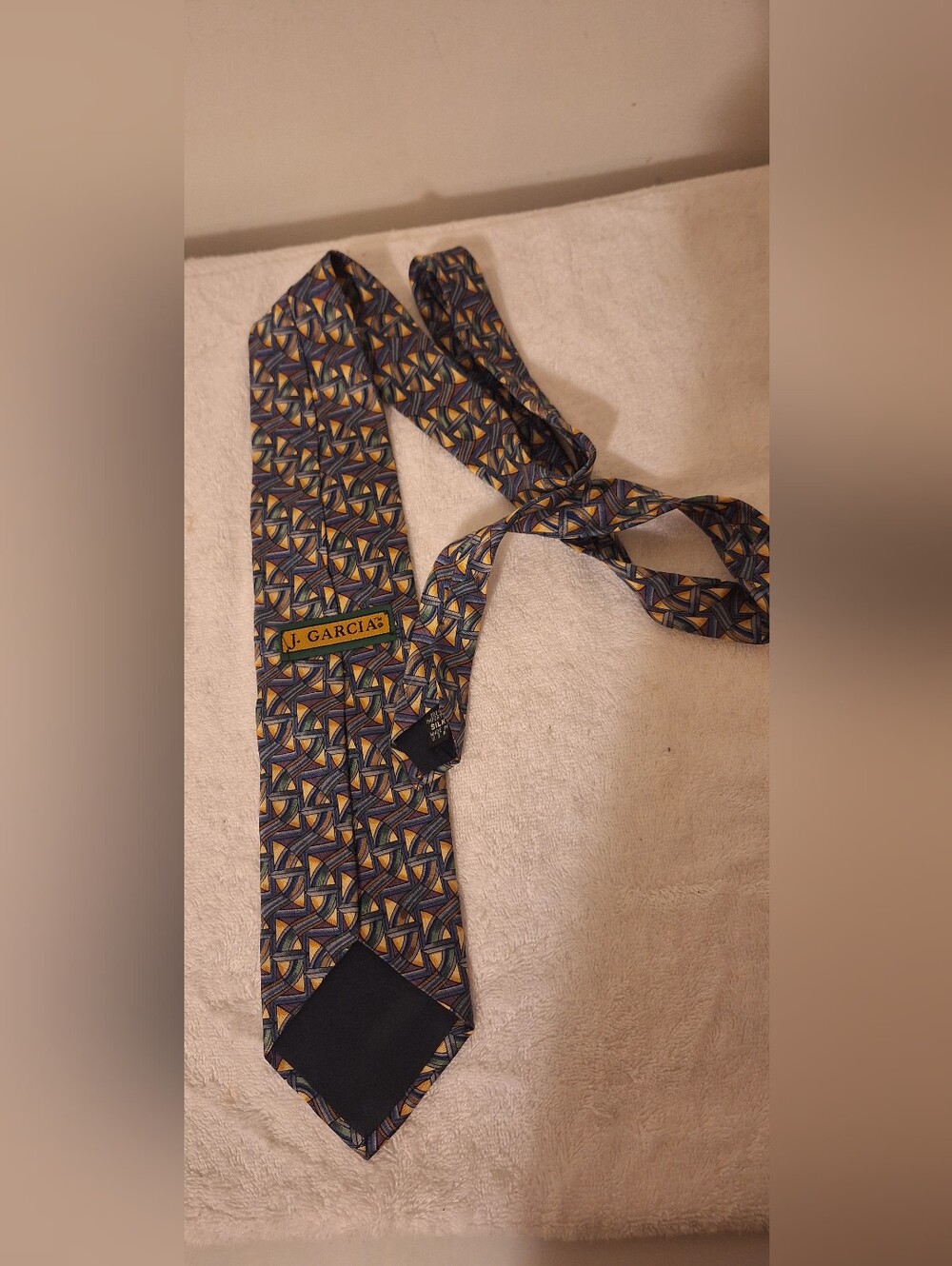 J. Garcia Geometric Silk Tie in Navy, Gold, and Blue